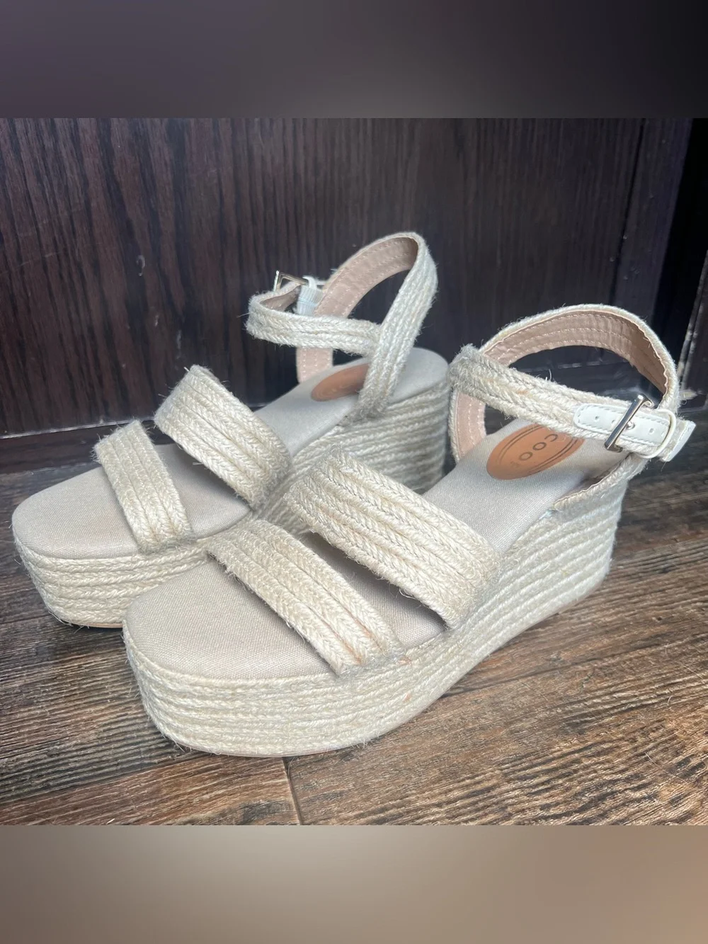 Scoop Natural Beige Jute Espadrille Double Strap Platform Wedge Sandals Size 7